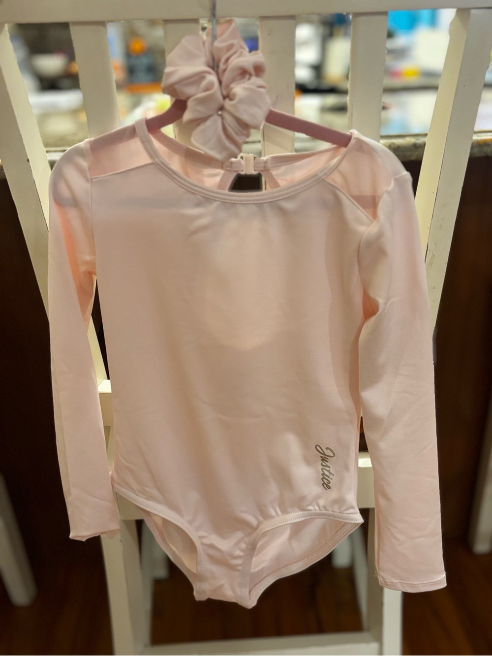 Justice Girls Long-Sleeve Dance Leotard in Light Pink with Scrunchie